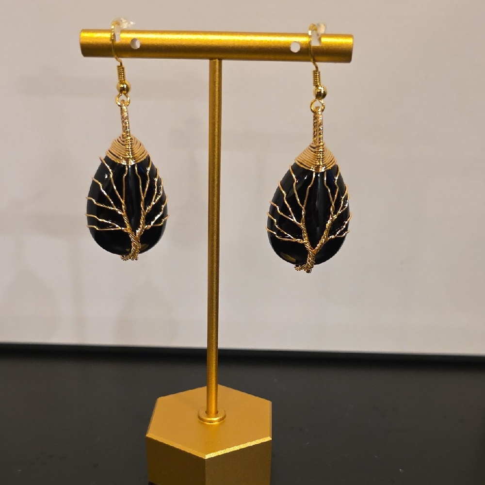Elegant Black and Gold Tree Of Life Teardrop Earrings